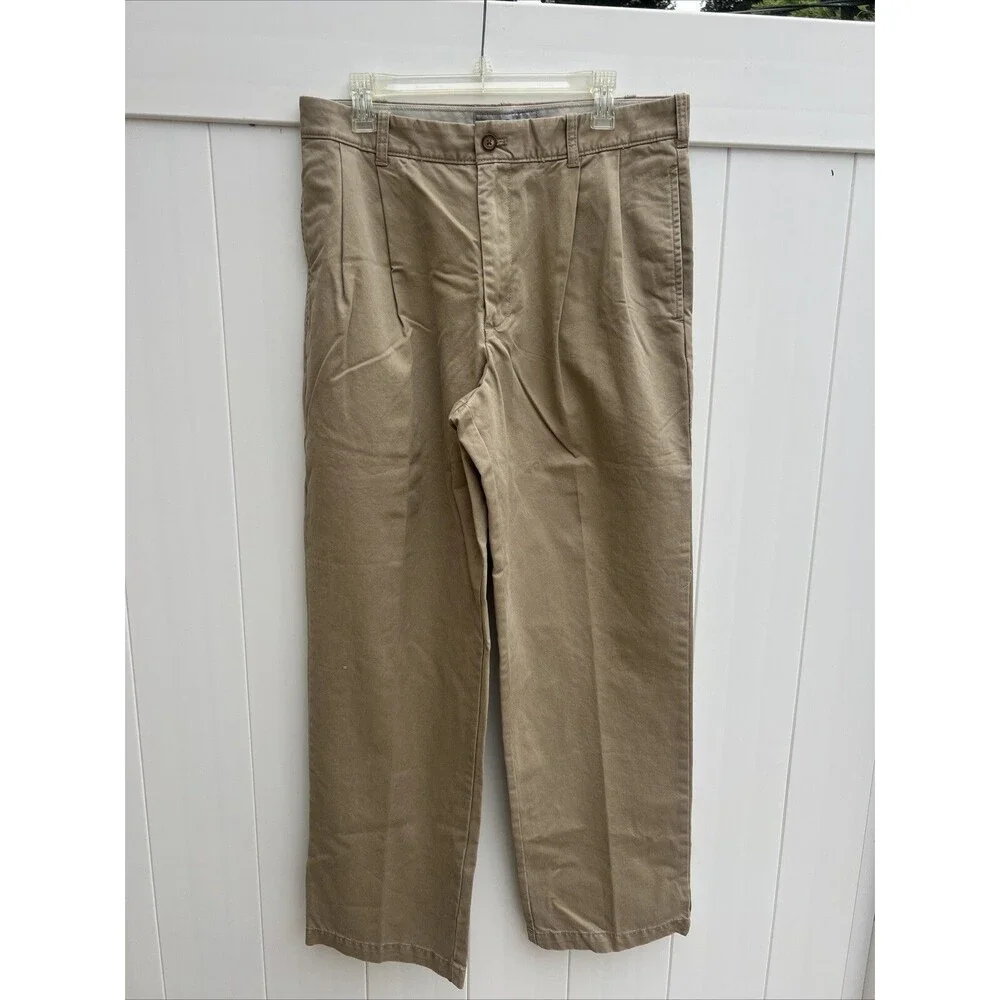 IZOD American Chino Mens Pants Classic Fit Size 36x32 Khaki Pleated 100% Cotton